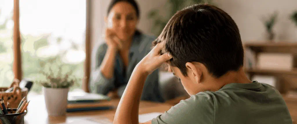 Child at school desk looking frustrated with schoolwork
