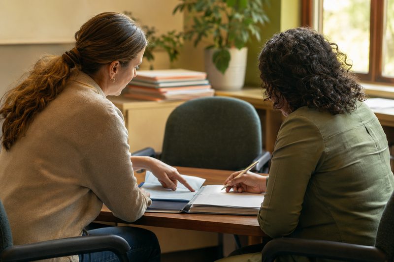 A parent and a teacher reviewing a learner's support file together at a school office table