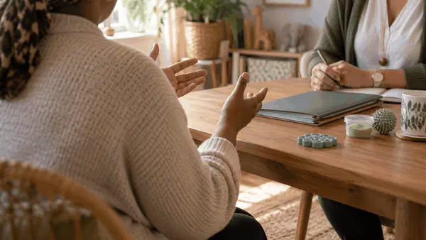 Parent discussing a child's school concerns with a professional in a calm consulting room