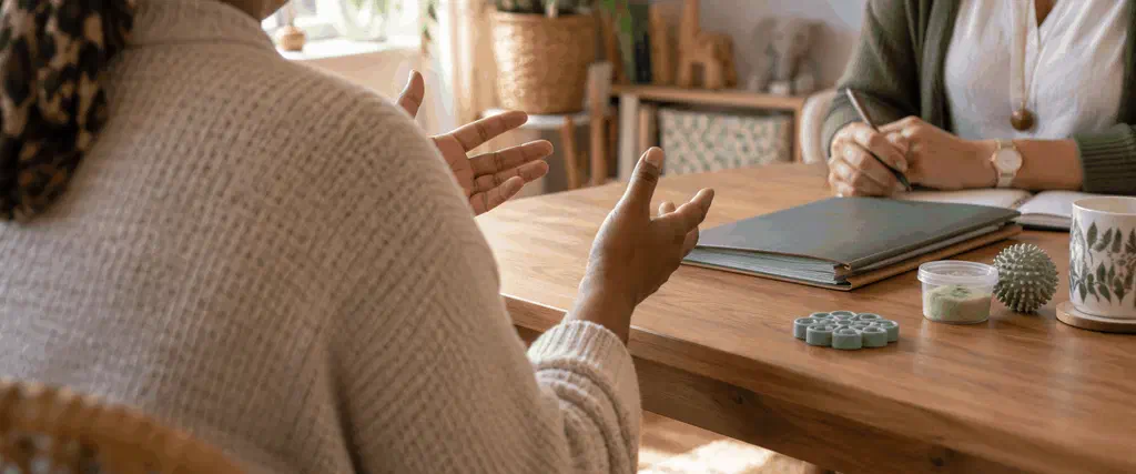 Parent discussing a child's school concerns with a professional in a calm consulting room