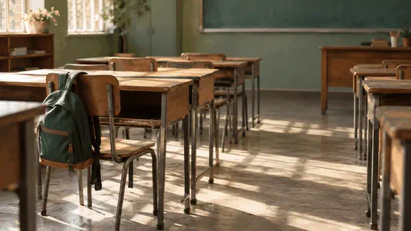 Empty primary school classroom with desks and chairs, morning light through windows