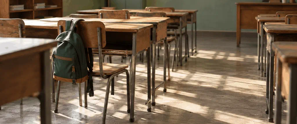 Empty primary school classroom with desks and chairs, morning light through windows