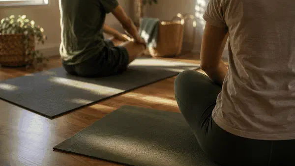 Parent and teenager doing a gentle TRE exercise in a calm room